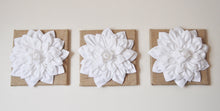 Load image into Gallery viewer, Set of Three White Dahlias on Burlap 14 x14" Canvas - Daisy Manor