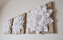 Load image into Gallery viewer, Three White Dahlias Flowers on Burlap Canvases - Daisy Manor
