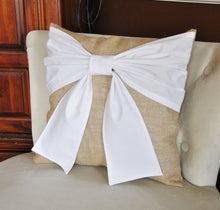 Load image into Gallery viewer, White Bow Burlap Pillow - Daisy Manor