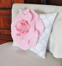 Load image into Gallery viewer, Light Pink Rose on Pink White and Taupe Damask Damask Pillow - Daisy Manor