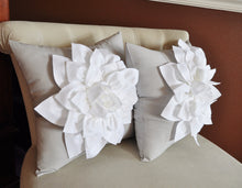 Load image into Gallery viewer, Two Decorative Pillows Flower Pillows -White Dahlias on Gray Pillows 14 X 14 Toss Pillow Throw Pillows - Daisy Manor