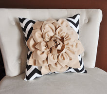 Load image into Gallery viewer, Taupe Flower on Black Chevron Pillow - Daisy Manor