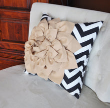 Load image into Gallery viewer, Taupe Flower on Black Chevron Pillow - Daisy Manor
