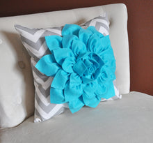 Load image into Gallery viewer, Turquoise Dahlia on Gray and White Zigzag Pillow -Chevron Pillow- Toss Pillow Modern Pillow 16 x 16 - Daisy Manor