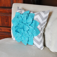 Load image into Gallery viewer, Turquoise Dahlia on Gray and White Zigzag Pillow -Chevron Pillow- Toss Pillow Modern Pillow 16 x 16 - Daisy Manor