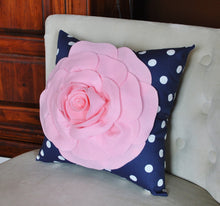 Load image into Gallery viewer, Rose Pillow Light Pink Flower on Navy and White Polka Dot Pillow 14x14 Flower Pillow - Daisy Manor