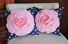 Load image into Gallery viewer, Rose Pillow Light Pink Flower on Navy and White Polka Dot Pillow 14x14 Flower Pillow - Daisy Manor