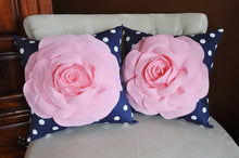 Load image into Gallery viewer, Set Of Two Decorative Rose Pillows -Light Pink Roses on Navy and White Polka Dot Pillows 14 X 14 - Daisy Manor