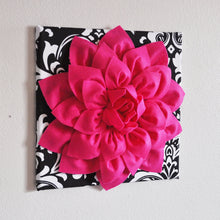 Load image into Gallery viewer, Three Hot Pink Dahlia Flowers on Black and White Damask Canvases - Daisy Manor
