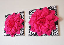 Load image into Gallery viewer, Three Hot Pink Dahlia Flowers on Black and White Damask Canvases - Daisy Manor