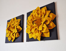Load image into Gallery viewer, Two Flower Wall Hangings -Mustard Dahlia on Charcoal 12 x12" Canvas Wall Art- 3D Felt Flower - Daisy Manor