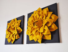 Load image into Gallery viewer, Two Flower Wall Hangings -Mustard Dahlia on Charcoal 12 x12" Canvas Wall Art- 3D Felt Flower - Daisy Manor