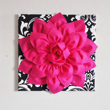 Load image into Gallery viewer, Hot Pink Wall Hanging -Hot Pink Dahlia on Black and White Damask Print 12 x12" Canvas Wall Art- Baby Nursery Wall Decor- - Daisy Manor