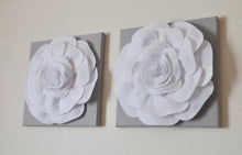 Load image into Gallery viewer, Two Rose Wall Hangings -White Rose on Solid Light Gray 12 x12" Canvases Wall Art- 3D Felt Flower - Daisy Manor