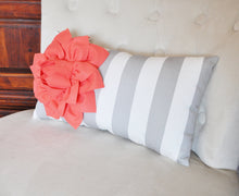 Load image into Gallery viewer, Stripe Lumbar Pillow Coral Dahlia on Gray and White Striped Lumbar Pillow 9 x 16 - Daisy Manor