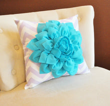 Load image into Gallery viewer, Light Turquoise Dahlia on Lilac and White Zigzag Pillow -Chevron Pillow- - Daisy Manor