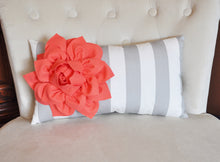 Load image into Gallery viewer, Stripe Lumbar Pillow Coral Dahlia on Gray and White Striped Lumbar Pillow 9 x 16 - Daisy Manor