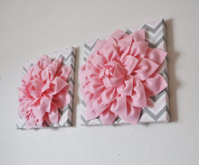Load image into Gallery viewer, Two Wall Flower Decor -Light Pink Dahlia on Pink and Gray Chevron 12 x12" Canvas Wall Art- Baby Nursery Wall Decor- - Daisy Manor