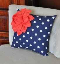 Load image into Gallery viewer, Coral Flower on Navy and White Polka Dot Pillow 14 X 14 - Chevron Flower Pillow - Zig Zag Pillows -Corner Dahlia Pillow - Daisy Manor