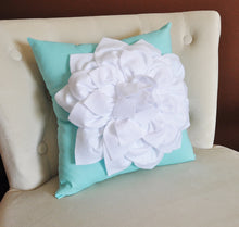 Load image into Gallery viewer, White Dahlia Flower on Bright Aqua Pillow -Decorative Aqua Blue Pillow- - Daisy Manor