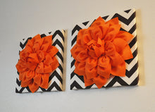 Load image into Gallery viewer, Two Wall Flowers -Pumpkin Orange Dahlia on Brown and Natural Chevron 12 x12" Canvas Wall Hangings- 3D Felt Flower - Daisy Manor