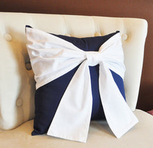 Load image into Gallery viewer, Throw Pillow White Bow on Navy Pillow 14x14 -Navy and White Pillow- Decorative Pillow- - Daisy Manor