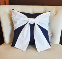 Load image into Gallery viewer, Throw Pillow White Bow on Navy Pillow 14x14 -Navy and White Pillow- Decorative Pillow- - Daisy Manor