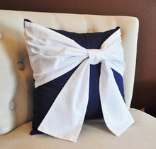 Load image into Gallery viewer, Throw Pillow White Bow on Navy Pillow 14x14 -Navy and White Pillow- Decorative Pillow- - Daisy Manor