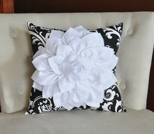 Load image into Gallery viewer, White Dahlia Flower on Black and White Damask Pillow, Accent Pillow, Throw Pillow, Toss Pillow, Decorative Pillow - Daisy Manor