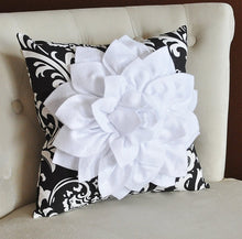 Load image into Gallery viewer, White Dahlia Flower on Black and White Damask Pillow, Accent Pillow, Throw Pillow, Toss Pillow, Decorative Pillow - Daisy Manor