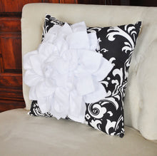 Load image into Gallery viewer, White Dahlia Flower on Black and White Damask Pillow, Accent Pillow, Throw Pillow, Toss Pillow, Decorative Pillow - Daisy Manor