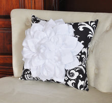 Load image into Gallery viewer, White Dahlia Flower on Black and White Damask Pillow, Accent Pillow, Throw Pillow, Toss Pillow, Decorative Pillow - Daisy Manor