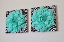 Load image into Gallery viewer, TWO Mint Green Dahlia Flowers on Black and White Zebra Print Canvases - Daisy Manor