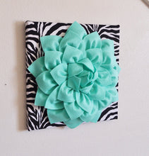 Load image into Gallery viewer, TWO Mint Green Dahlia Flowers on Black and White Zebra Print Canvases - Daisy Manor