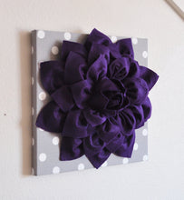 Load image into Gallery viewer, Two Deep Purple Dahlia on Gray and White Polka Dot 12 x12" Canvas Wall Art - Daisy Manor