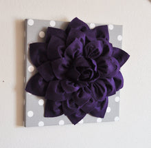 Load image into Gallery viewer, Two Deep Purple Dahlia on Gray and White Polka Dot 12 x12" Canvas Wall Art - Daisy Manor