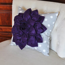 Load image into Gallery viewer, Purple Dahlia Flower on Gray Polka Dot Pillow Accent Pillow Throw Pillow Toss Pillow Decorative Pillow - Daisy Manor