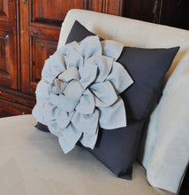 Load image into Gallery viewer, Gray Decorative Pillow. Gray Dahlia Flower on Charcoal Grey Pillow. Made to Order. - Daisy Manor