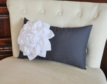 Load image into Gallery viewer, Grey Pillows - White Dahlia on Charcoal Gray Lumbar Pillow - Decorative Pillow - - Daisy Manor
