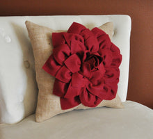 Load image into Gallery viewer, Decorative Throw Pillow, Accent Pillow, Ruby Red Dahlia on Burlap Pillow, Home Decor Pillows - Daisy Manor