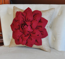Load image into Gallery viewer, Decorative Throw Pillow, Accent Pillow, Ruby Red Dahlia on Burlap Pillow, Home Decor Pillows - Daisy Manor