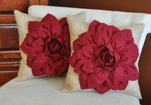 Load image into Gallery viewer, Decorative Throw Pillow, Accent Pillow, Ruby Red Dahlia on Burlap Pillow, Home Decor Pillows - Daisy Manor