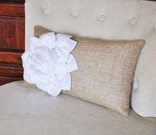 Load image into Gallery viewer, Decorative Lumbar Pillow White Dahlia on Burlap Lumbar Pillow 9 x 16 Burlap Home Decor - Daisy Manor