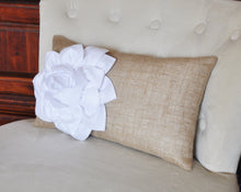 Load image into Gallery viewer, Decorative Lumbar Pillow White Dahlia on Burlap Lumbar Pillow 9 x 16 Burlap Home Decor - Daisy Manor