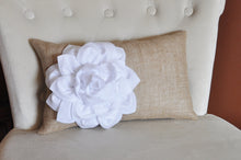 Load image into Gallery viewer, Decorative Lumbar Pillow White Dahlia on Burlap Lumbar Pillow 9 x 16 Burlap Home Decor - Daisy Manor