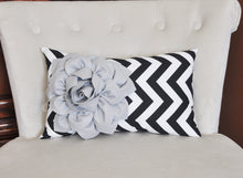 Load image into Gallery viewer, Decorative Lumbar Pillow Gray Dahlia on Black and White Zig Zag Chevron Lumbar Pillow 9 x 16 - Daisy Manor