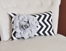 Load image into Gallery viewer, Decorative Lumbar Pillow Gray Dahlia on Black and White Zig Zag Chevron Lumbar Pillow 9 x 16 - Daisy Manor