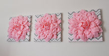 Load image into Gallery viewer, Three Light Pink Dahlia on Pink and Gray Chevron Canvases - Daisy Manor