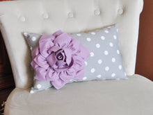Load image into Gallery viewer, Decorative Lumbar Pillow Lilac Dahlia on Gray and White Polka Dot Lumbar Pillow 9 x 16 - Daisy Manor