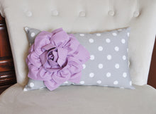 Load image into Gallery viewer, Decorative Lumbar Pillow Lilac Dahlia on Gray and White Polka Dot Lumbar Pillow 9 x 16 - Daisy Manor